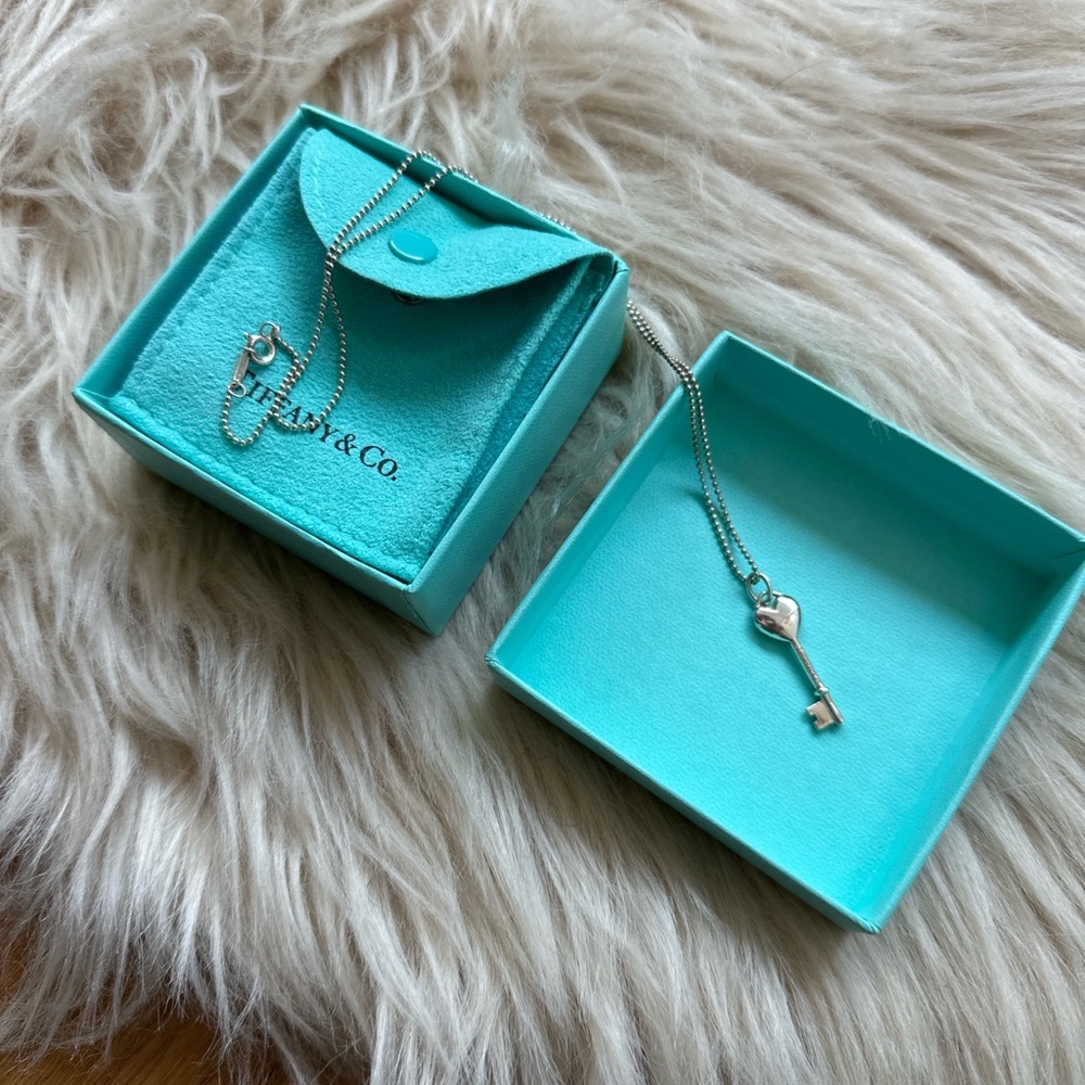 Tiffany & Co. Silver Key Pendant Necklace Teal Heart